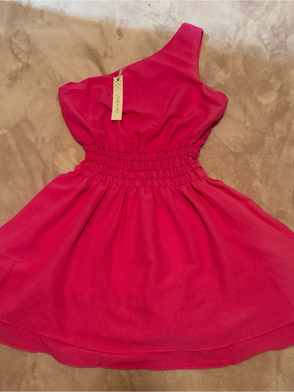 One-Shoulder Smocked Waist Dress in Bright Pink